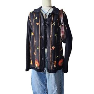 Vintage Fall Embroidery Knit Chunky Cardigan Size Large